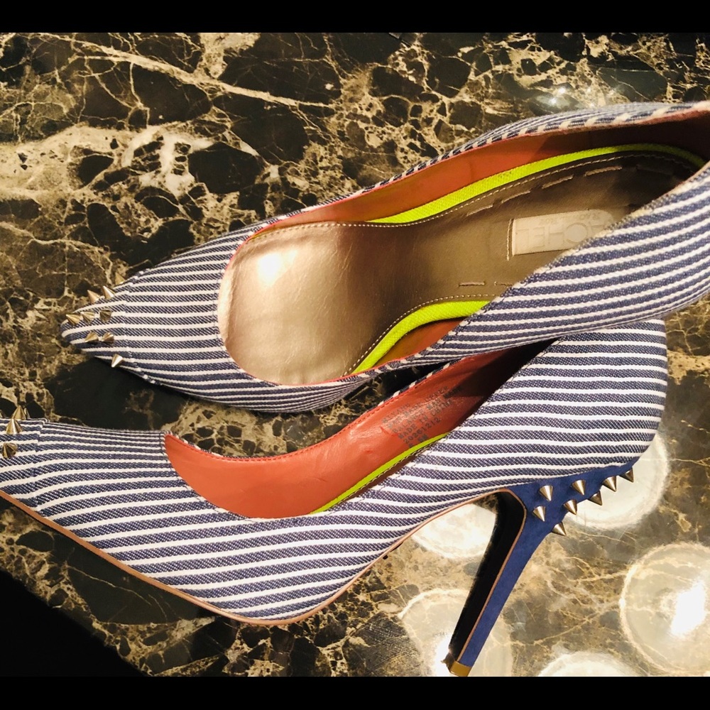 RACHEL ROY Blue & White Striped Studded Heels - Picture 2 of 4